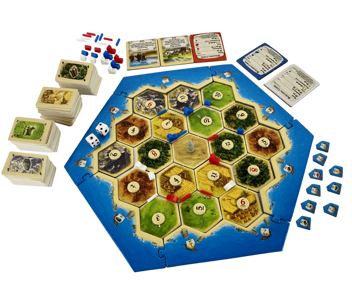 Compact version of the classic Catan board game with miniature pieces and resource cards, ideal for travel and three players