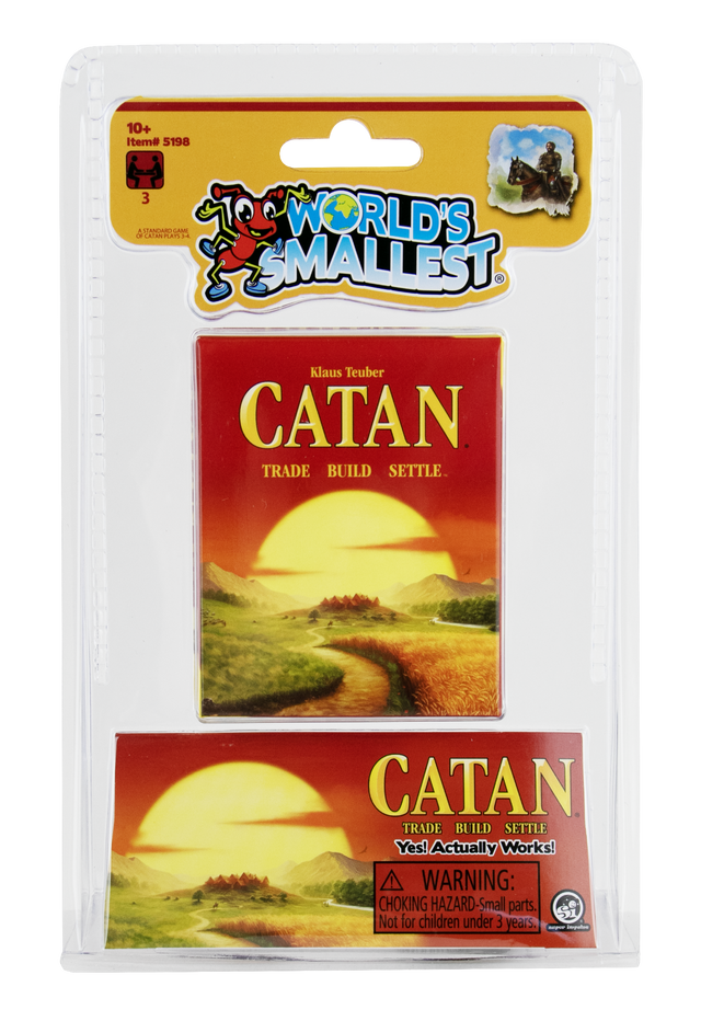 Compact Worlds Smallest Catan game in blister pack with vibrant cover art and travel-friendly size for strategy fans ages 10 and up