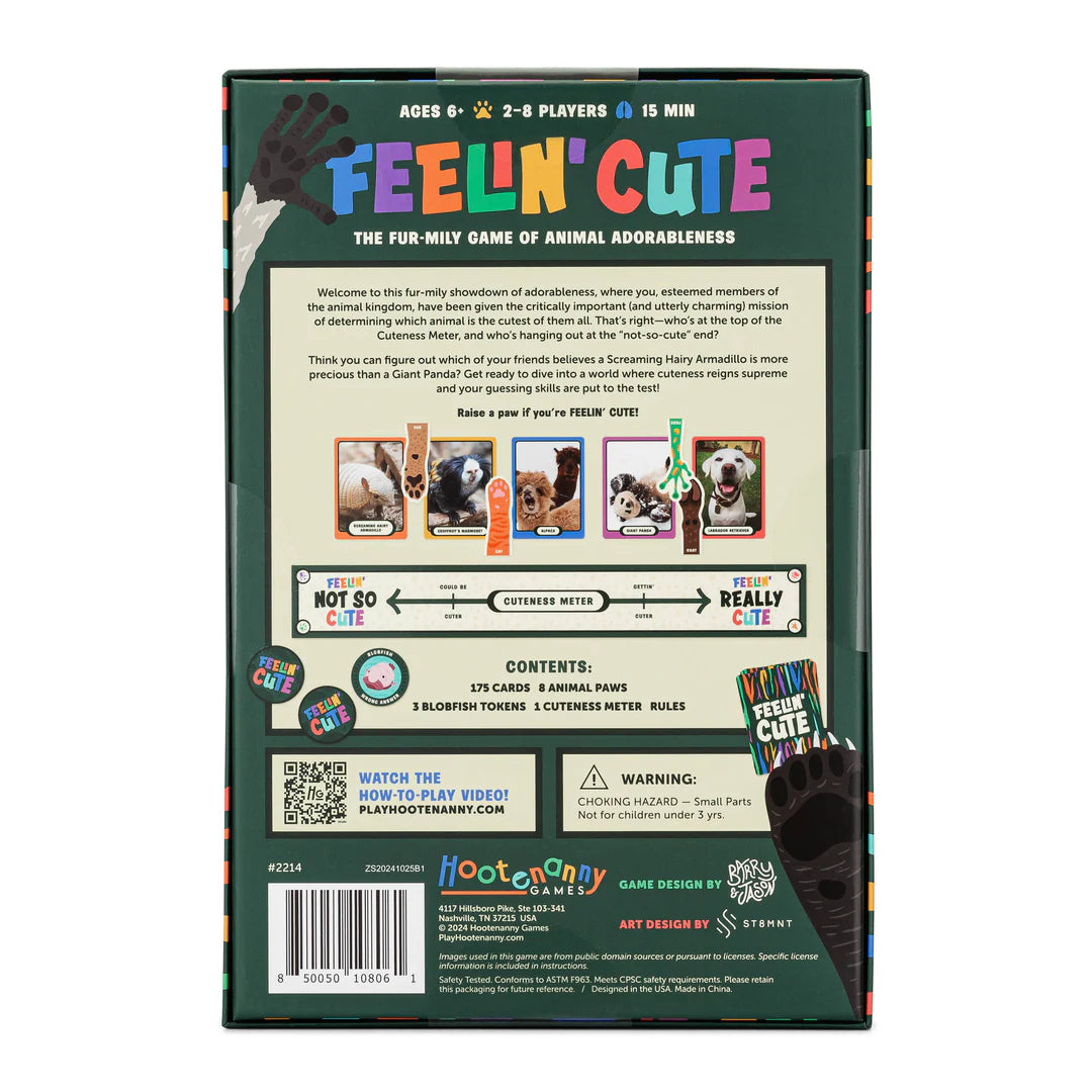 Feelin' Cute game box showing animal cards and cuteness meter for ages 6+, 2-8 players with playful design.