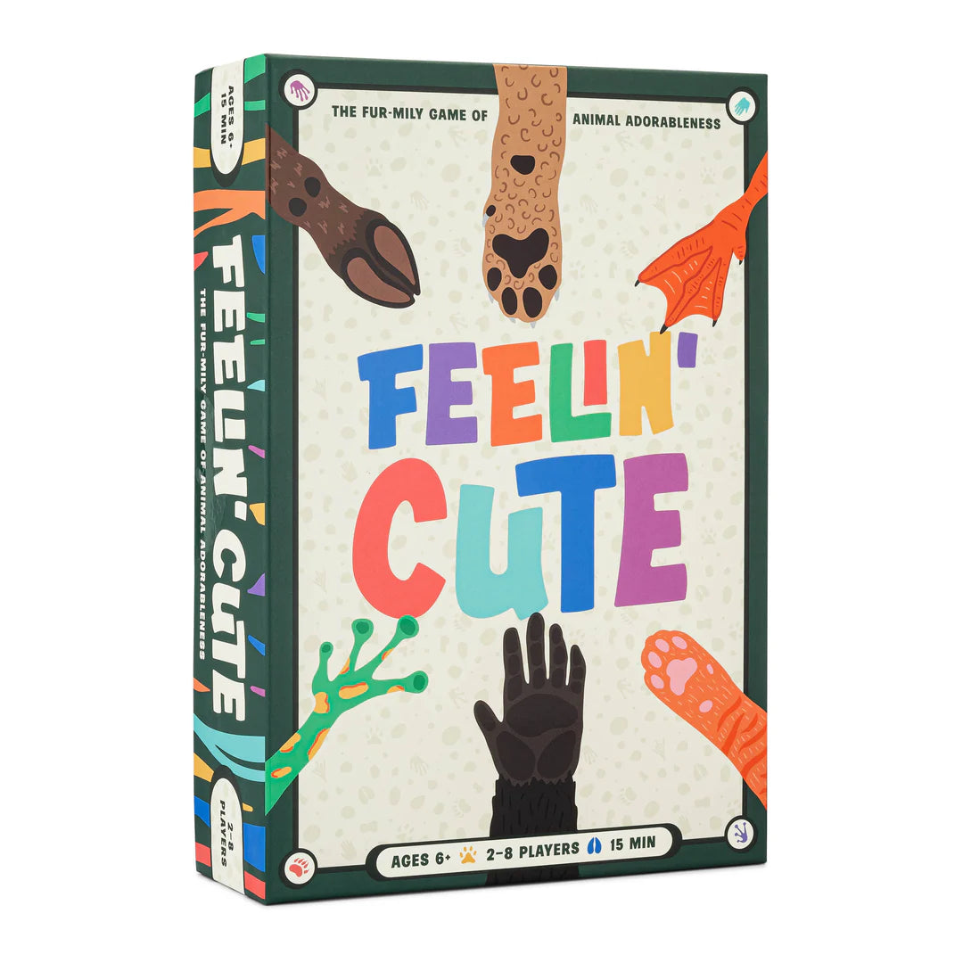 Feelin' Cute game box featuring colorful animal paws and playful title for ages 6+, 2-8 players, 15-minute playtime.