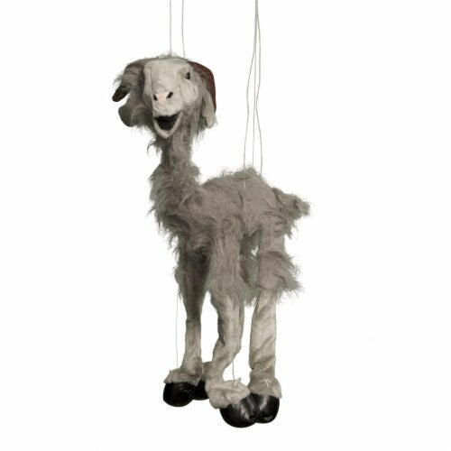 Marionette Large | Grey Goat string puppet with tangle-free control bar and soft grey fur, approximately 26 inches tall.