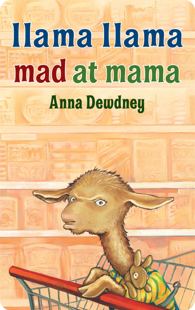 Illustration of a young llama looking upset while sitting in a shopping cart holding a stuffed bunny toy.