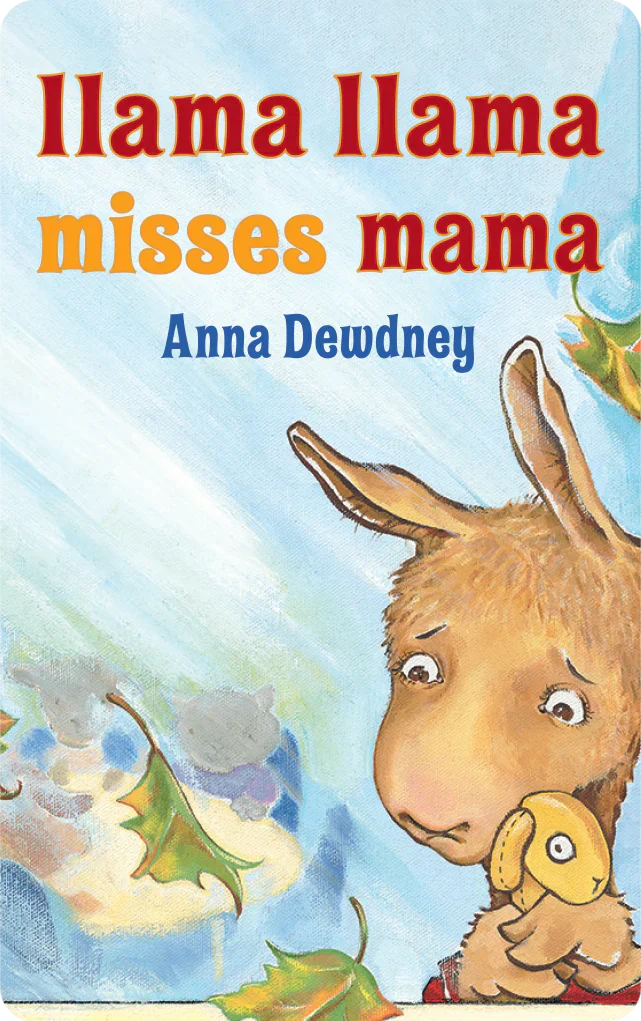 Cover of Llama Llama Misses Mama showing a sad llama holding a stuffed toy with falling autumn leaves background