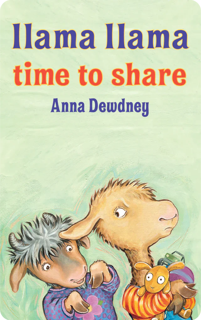 Illustration of two young llamas on the cover of Llama Llama Time to Share by Anna Dewdney