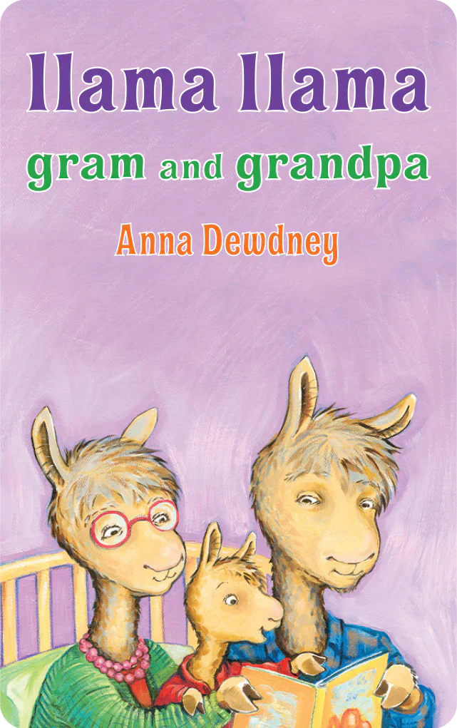 Illustration of three llamas reading a book together with a purple background and title Llama Llama Gram and Grandpa by Anna Dewdney
