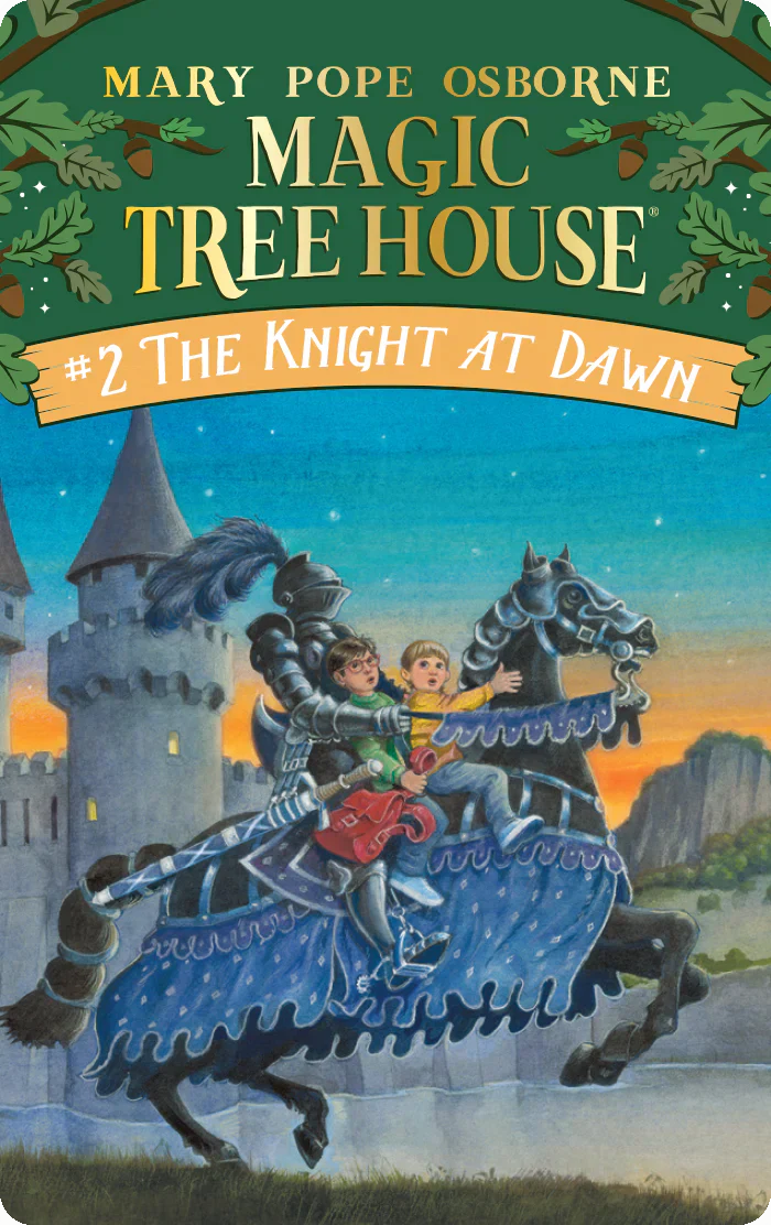 Cover of Magic Tree House book The Knight at Dawn showing Jack and Annie riding an armored horse near a medieval castle at sunset