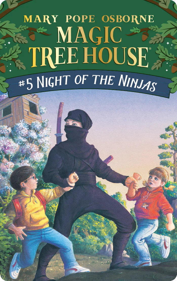 Cover of Magic Tree House book five showing a ninja with two children in a forest near a tree house at dusk