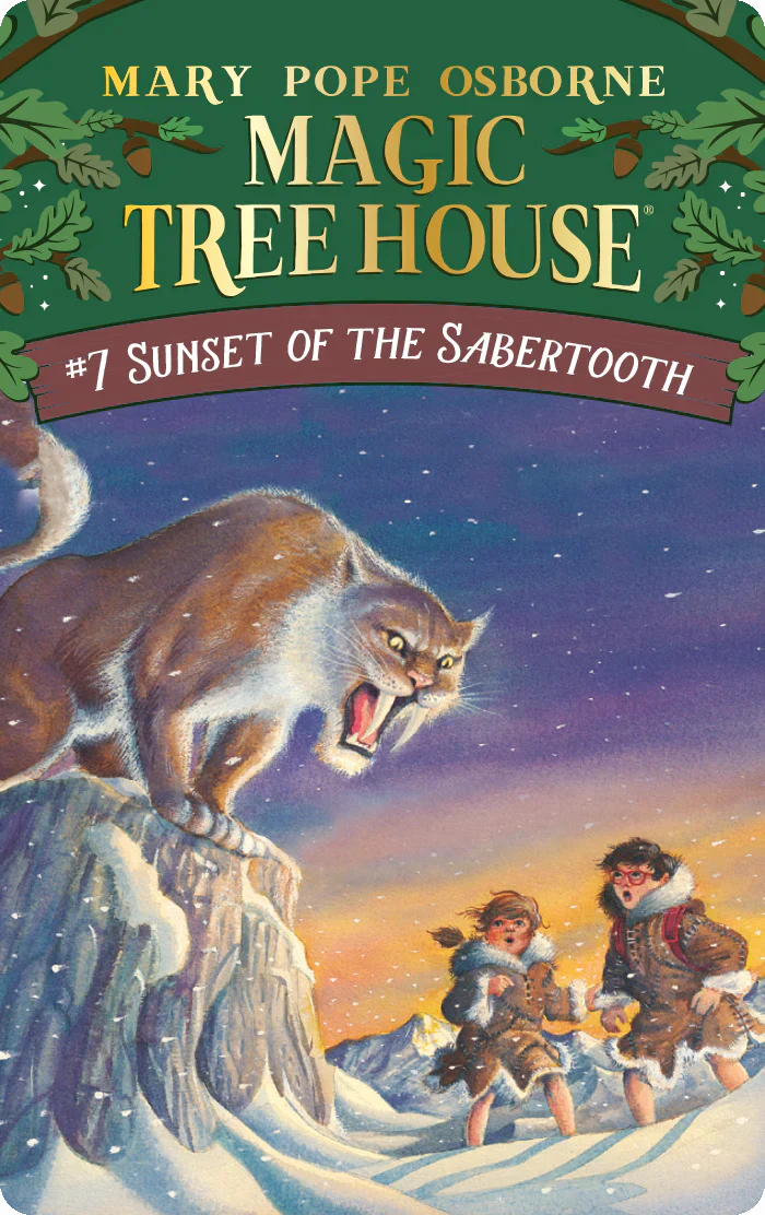 Cover art of Magic Tree House book seven showing a sabertooth tiger and two children in snowy mountains at sunset