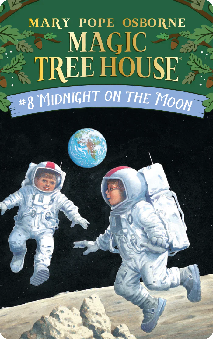Cover art of Magic Tree House book eight showing two children astronauts on the moon with Earth in the background