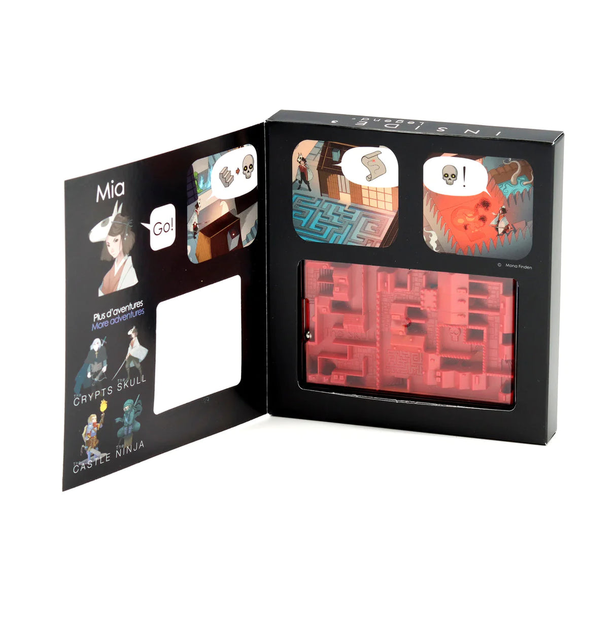 INSIDE 3 Legends - The Skull game box open showing maze and illustrated adventure scenes with Mia character guide.