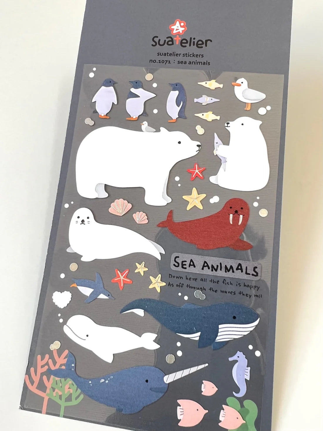Sea Animal Sticker sheet with colorful whales, penguins, polar bears, walrus, seals, and sea creatures for creative decorating.