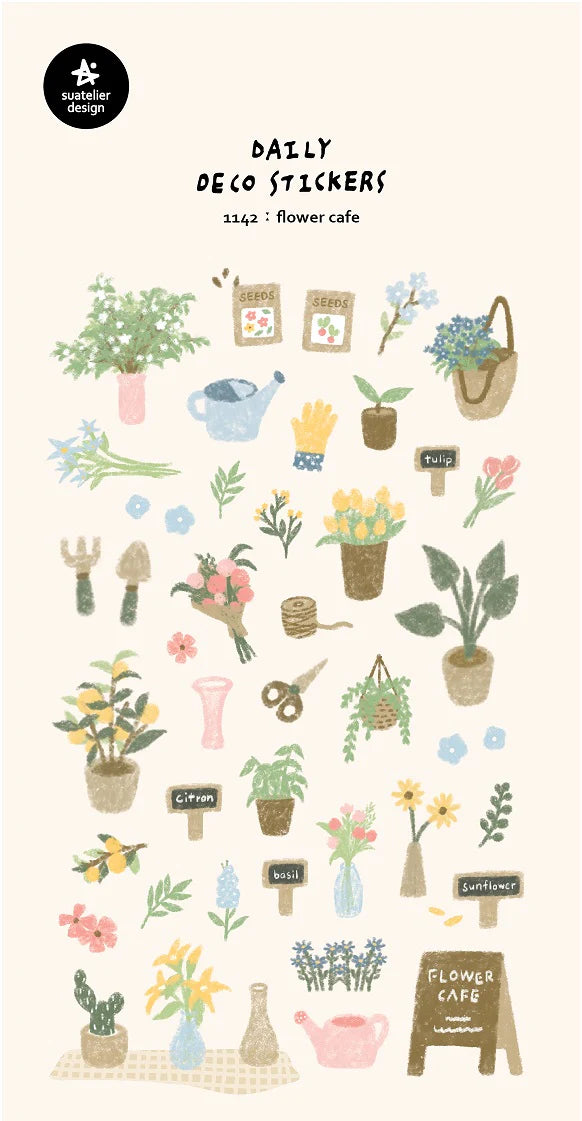 Flower Cafe Stickers featuring hand-drawn flowers, plants, gardening tools, and seed packets for creative decoration.