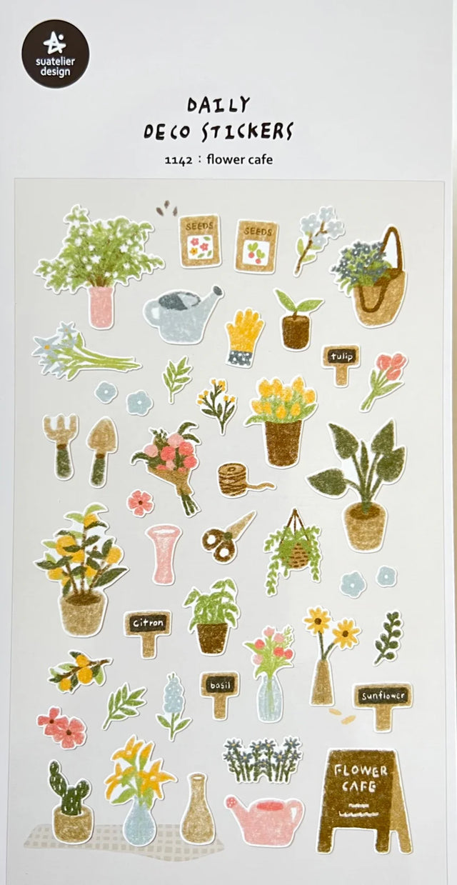 Flower Cafe Stickers featuring charming flower pots, gardening tools, and floral elements for notes, planners, and crafts.
