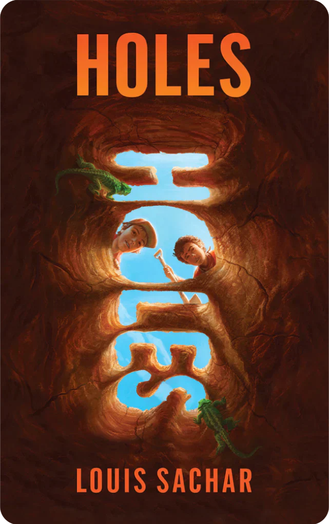 View from a deep hole showing two boys digging with small animals inside the hole and the title Holes above them