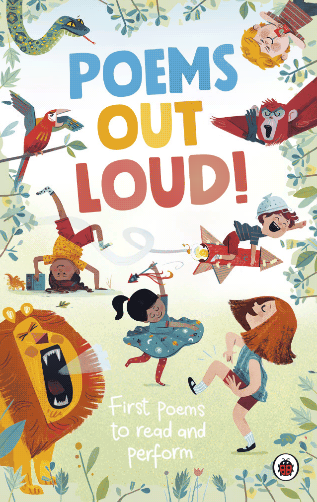 Colorful illustration of children and animals joyfully performing and reading poems outdoors titled Poems Out Loud