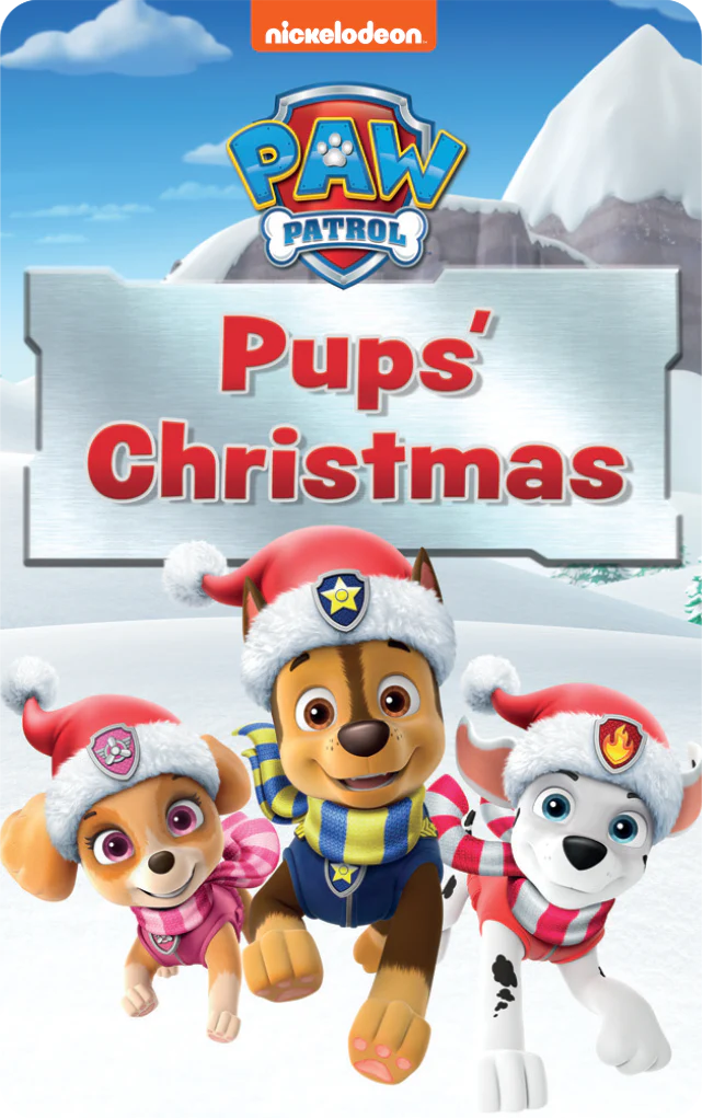 Three Paw Patrol pups wearing Santa hats happily running in a snowy Christmas scene with mountains in the background