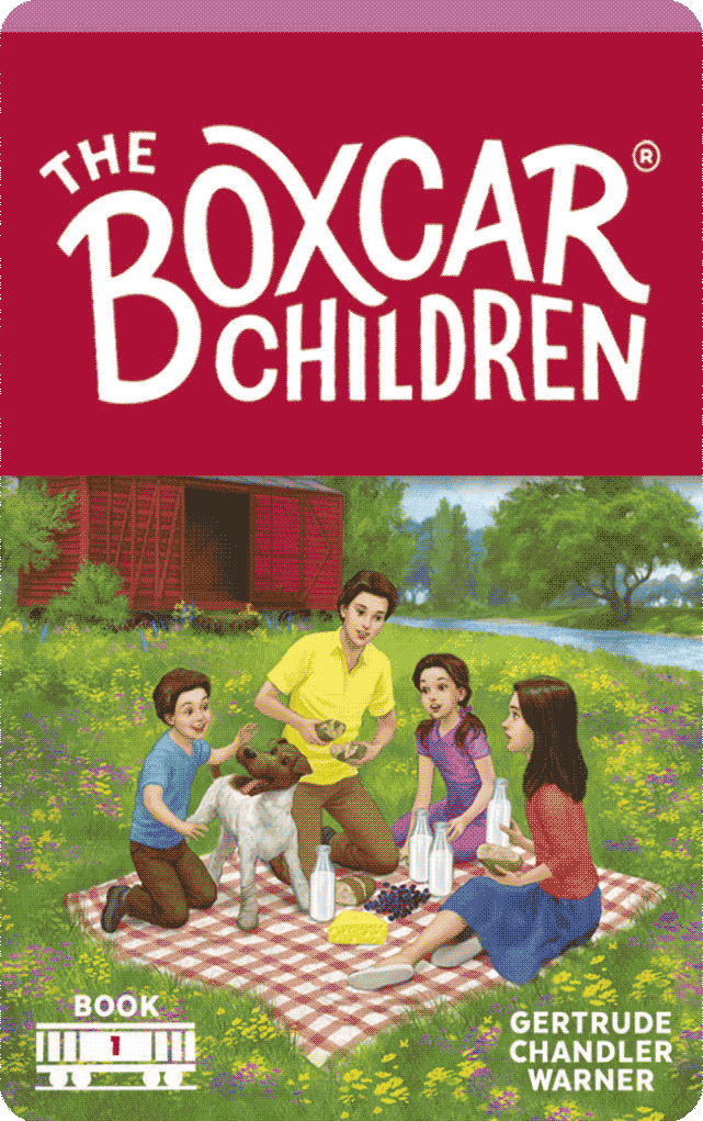 The Boxcar Children kids having a picnic with their dog near a red boxcar in a green meadow.