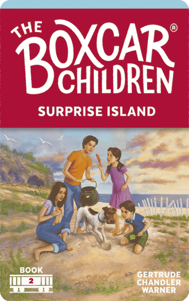 Illustration of four children and a dog playing on a beach with cliffs and seagulls in the background at sunset
