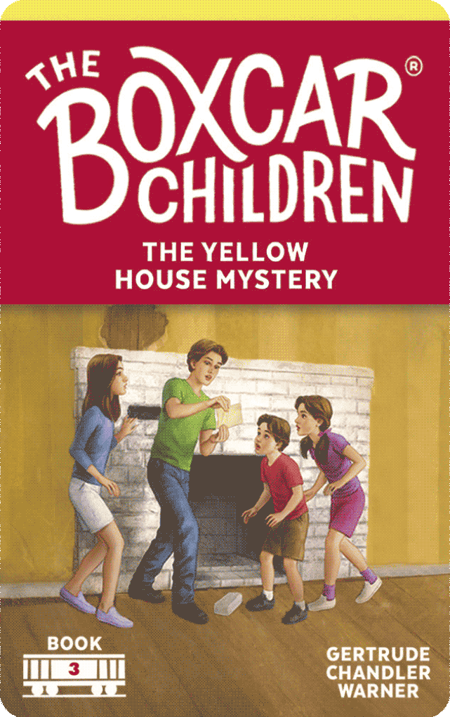 The Boxcar Children book cover showing four kids investigating a mystery in a yellow house's old fireplace.