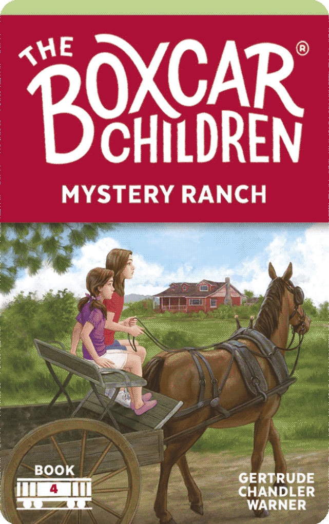 Two girls riding a horse-drawn cart in front of a red ranch house on a sunny day from The Boxcar Children Mystery Ranch book cover