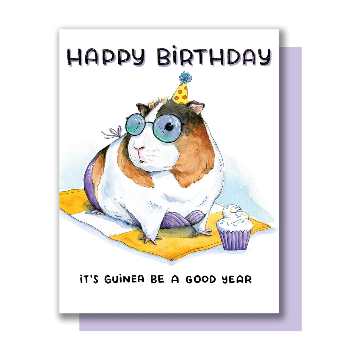 Guinea Pig Beach Birthday Card with watercolor guinea pig in glasses, party hat, cupcake, and beach towel illustration.