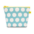 Small blue pouch with large white dots and yellow zipper, made from organic cotton and recycled materials.