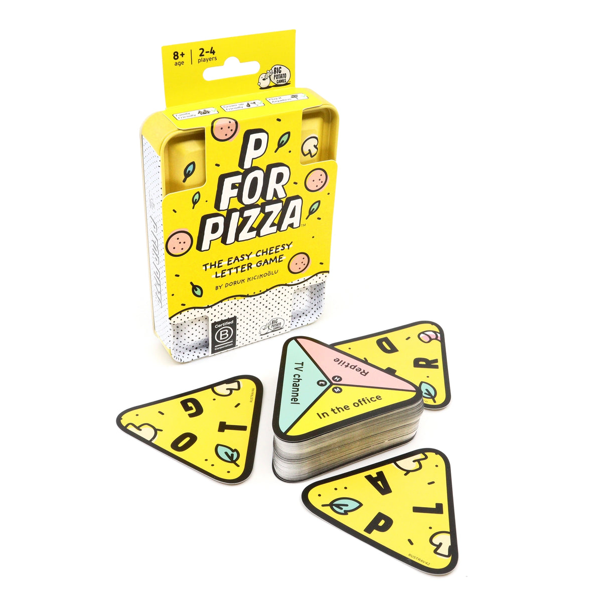 P is for Pizza Travel Tin with pizza themed word game cards and colorful triangular pieces