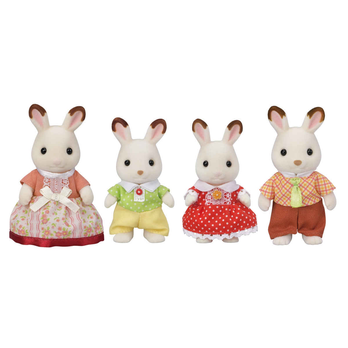 Chocolate Rabbit Family with four white rabbits wearing detailed removable clothing, jointed limbs, and turning heads.