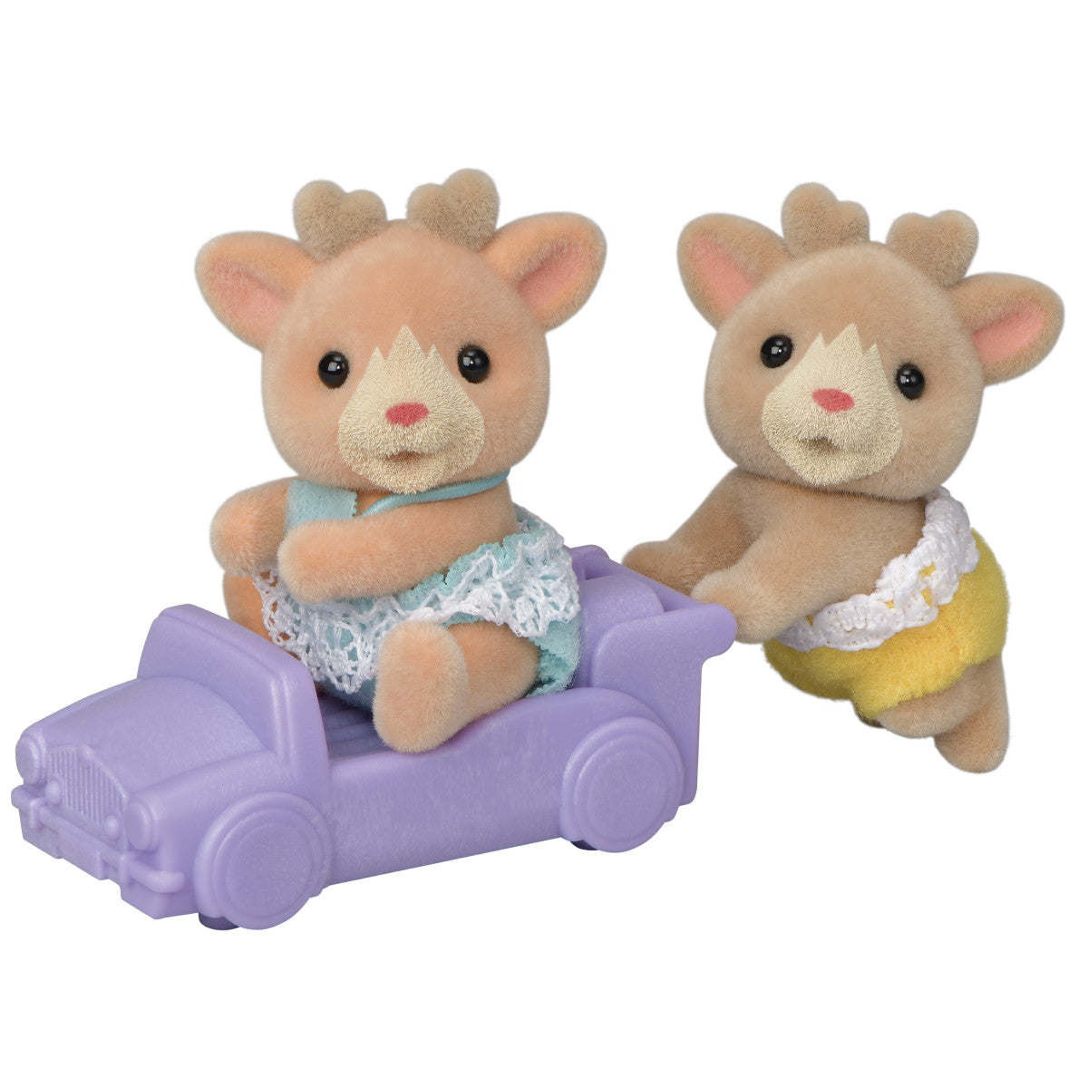 Reindeer Twins soft flocked figures Ollie and Ginger in detailed clothing with purple pushcart toy vehicle accessory