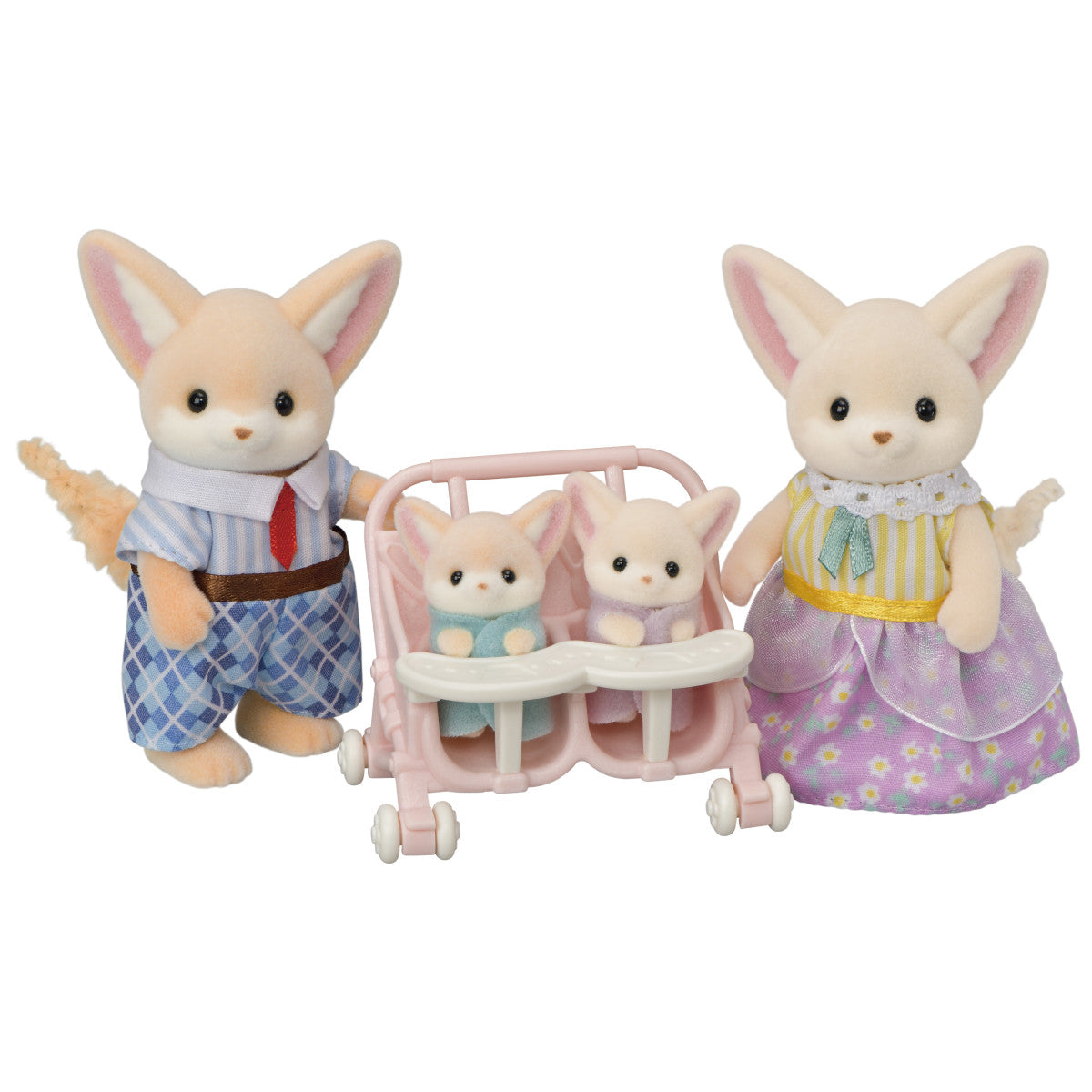 Fennec Fox Family with poseable parents and twin babies in a pink stroller, wearing removable detailed clothing.