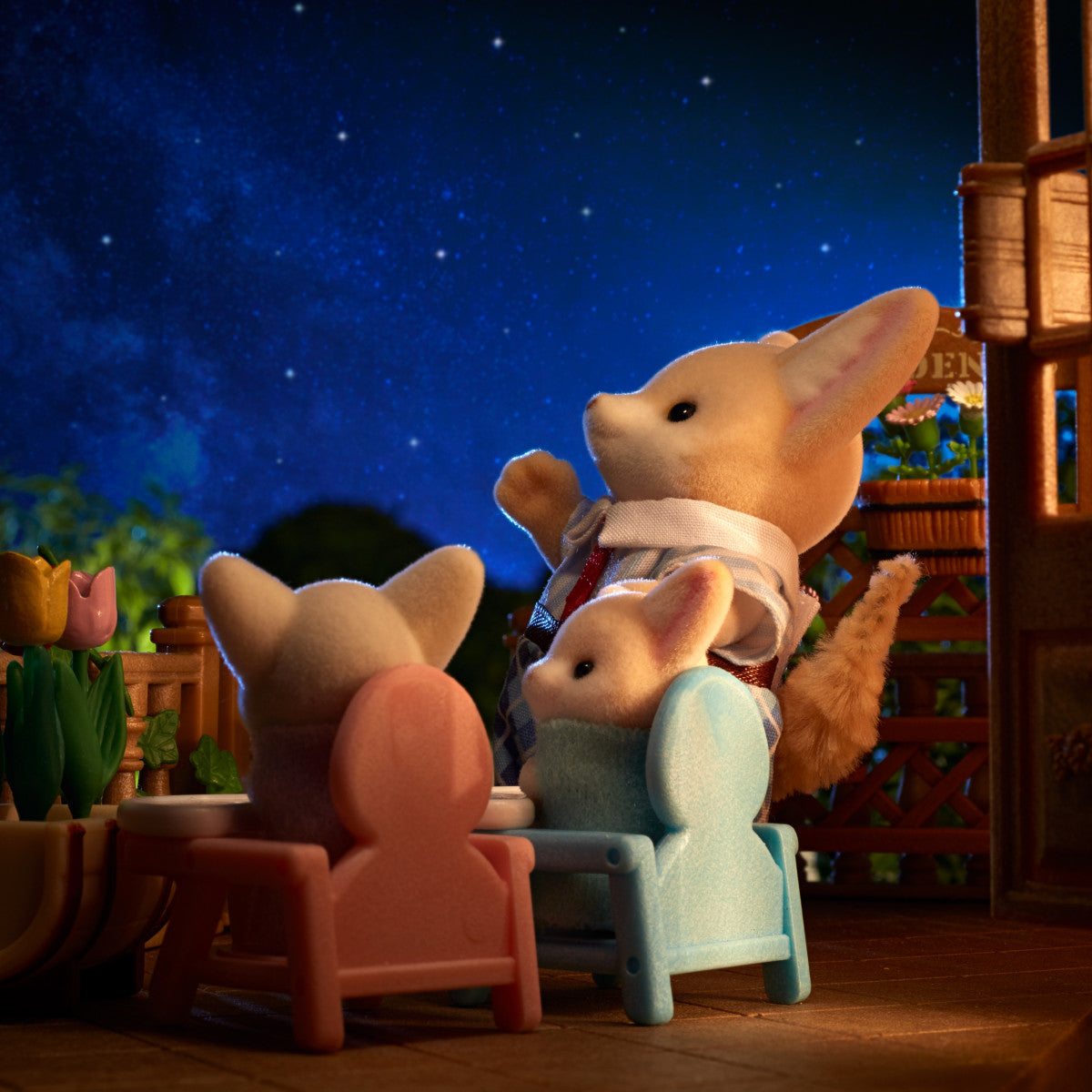 Fennec Fox Family figures stargazing at night with poseable joints and detailed removable clothing.