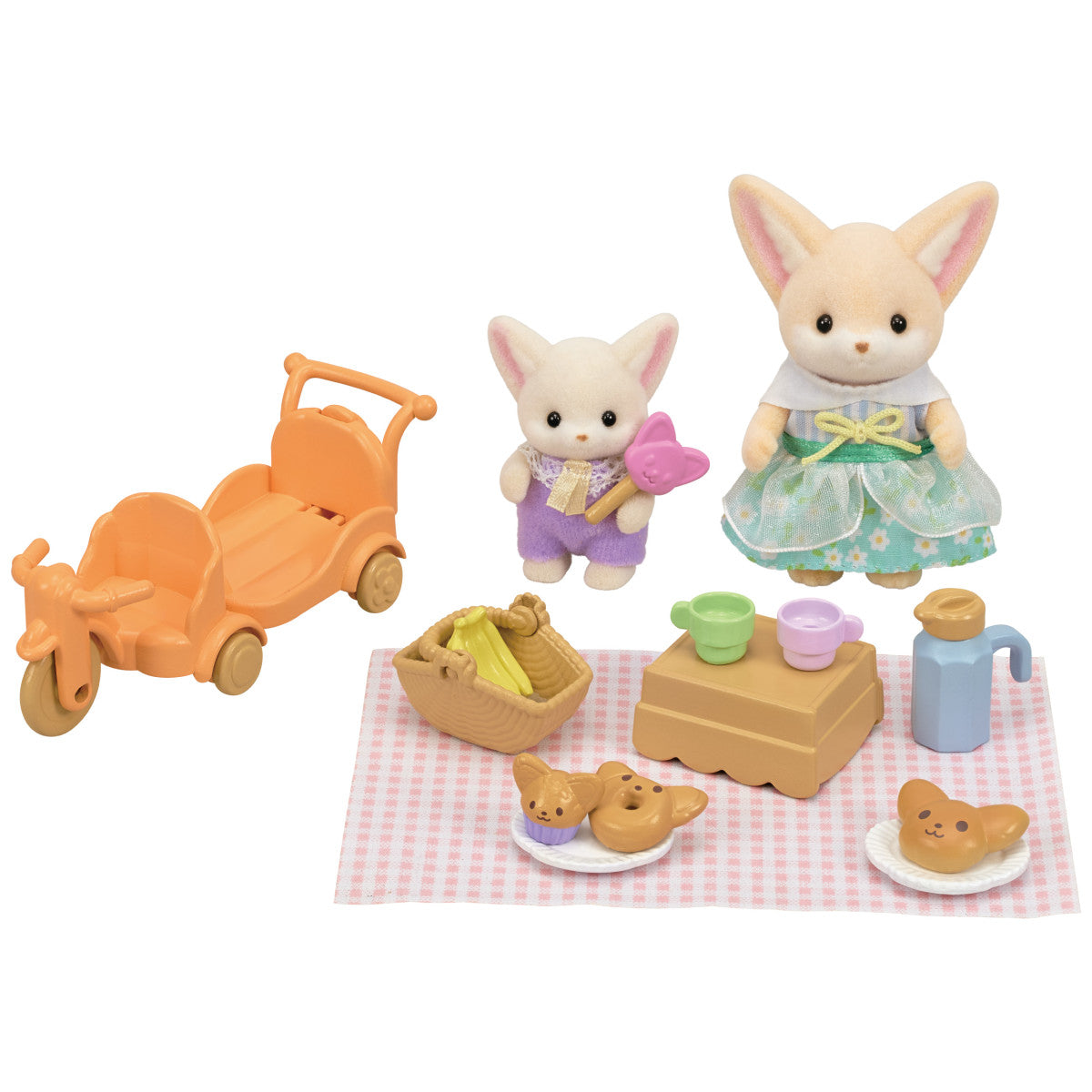 Fennec Fox Sunny Picnic Set with poseable fox dolls, orange tricycle wagon, picnic blanket, basket, and food accessories.
