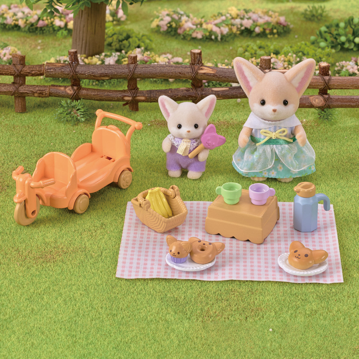 Fennec Fox Sunny Picnic Set with poseable figures, orange tricycle wagon, checkered picnic blanket, basket, and food accessories.