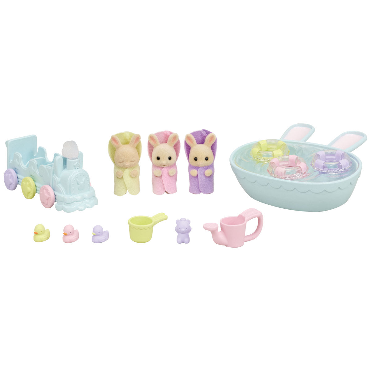 Triplets Bathtime Set with Milk Rabbit triplets, bath toys, pushcart, and bunny ear tub for fun bath time play.