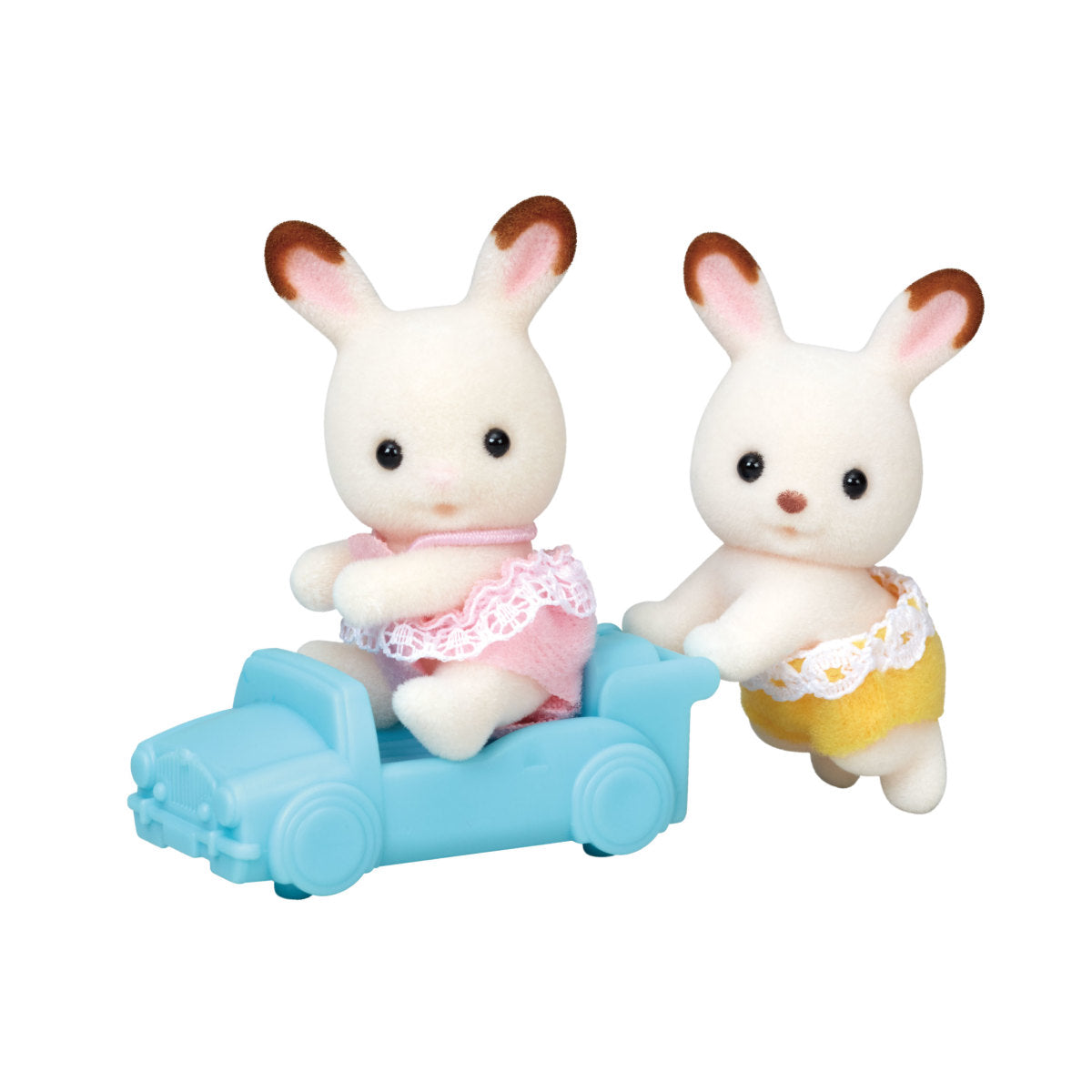 Chocolate Rabbit Twins toy set featuring two cute bunnies with a blue car, perfect for ages 3 and up.