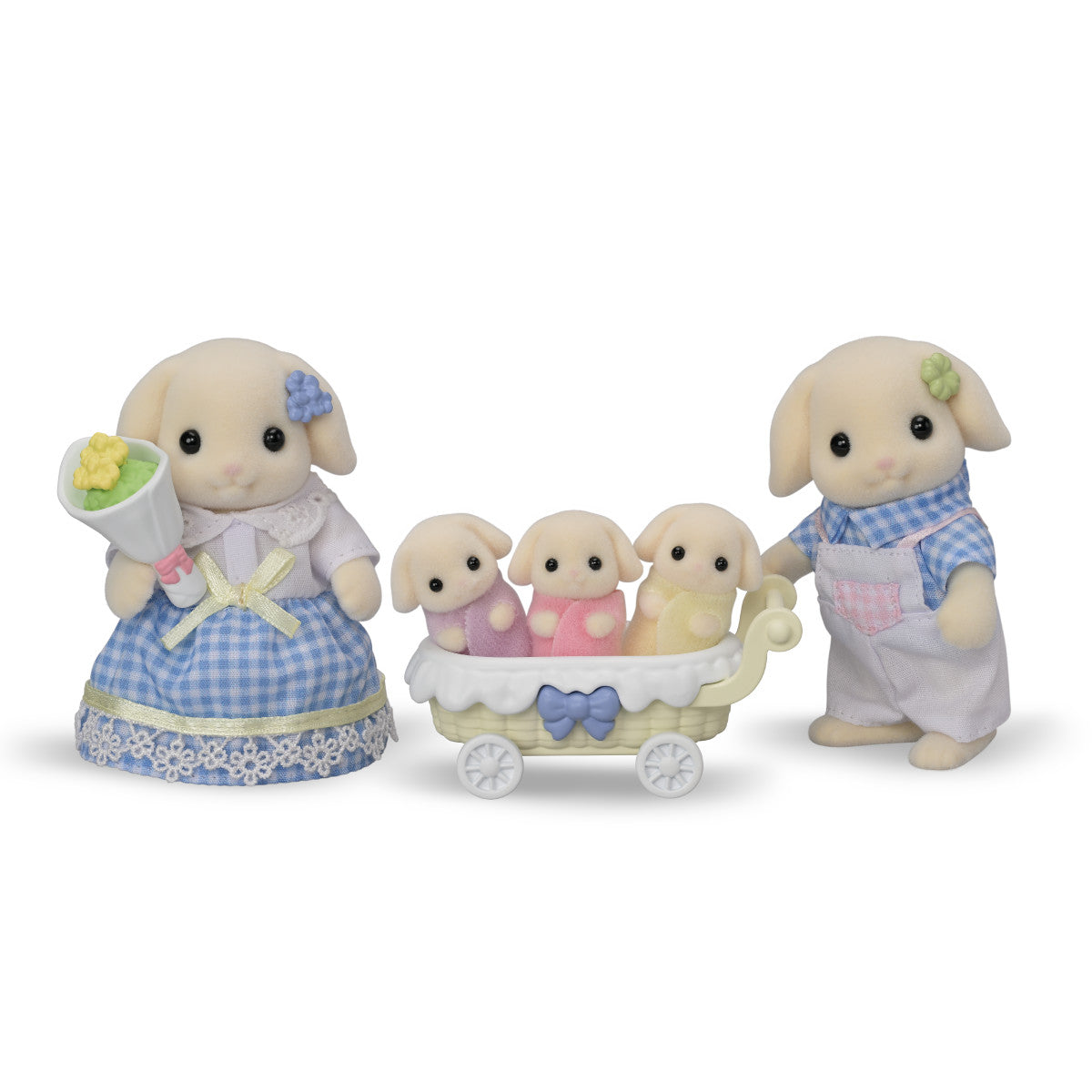 Flora Rabbit Family with father, mother, and three babies in blue checkered outfits and floral accessories.