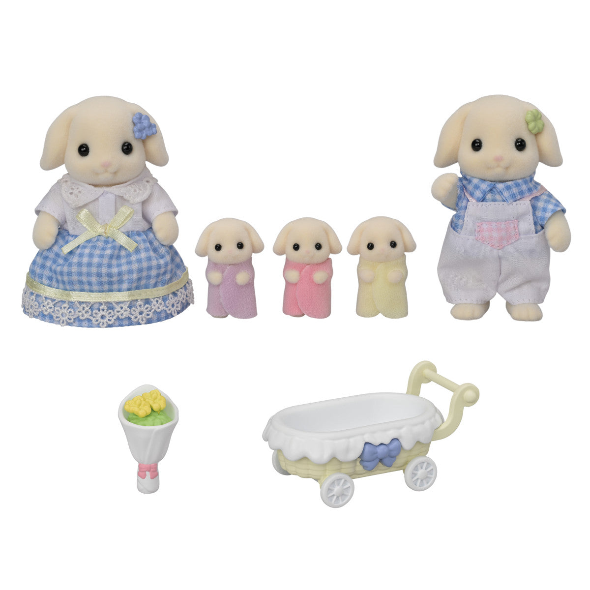 Flora Rabbit Family set with father, mother, three babies, baby carriage, and flower bouquet accessories.