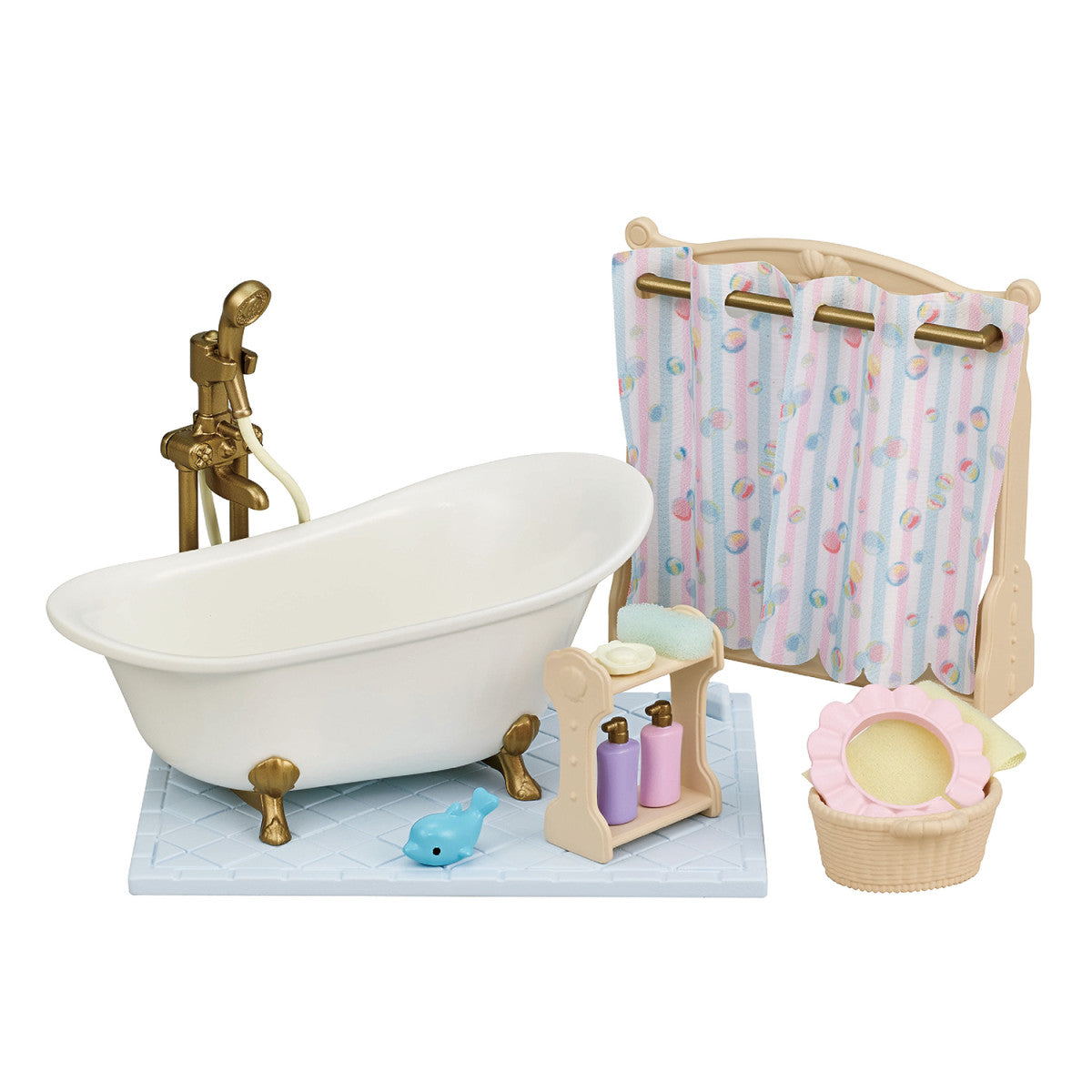 Bath & Shower Set with antique-style bath, shower fitting, shampoo, soap, bath toy, curtain, and accessories on tile floor.