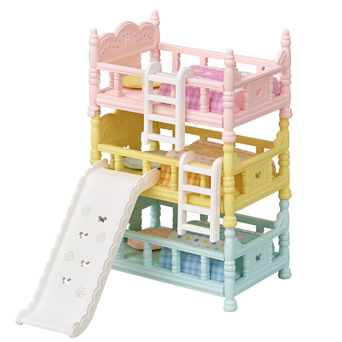 Triple Bunk Beds featuring three pastel baby-sized beds with ladders and a slide for ages 3+ playtime.
