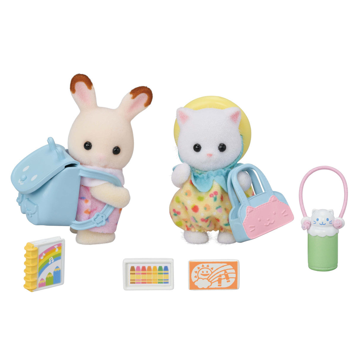 Nursery Friends | Walk Along Duo featuring bunny and cat babies with backpack, rucksack, and nursery accessories.