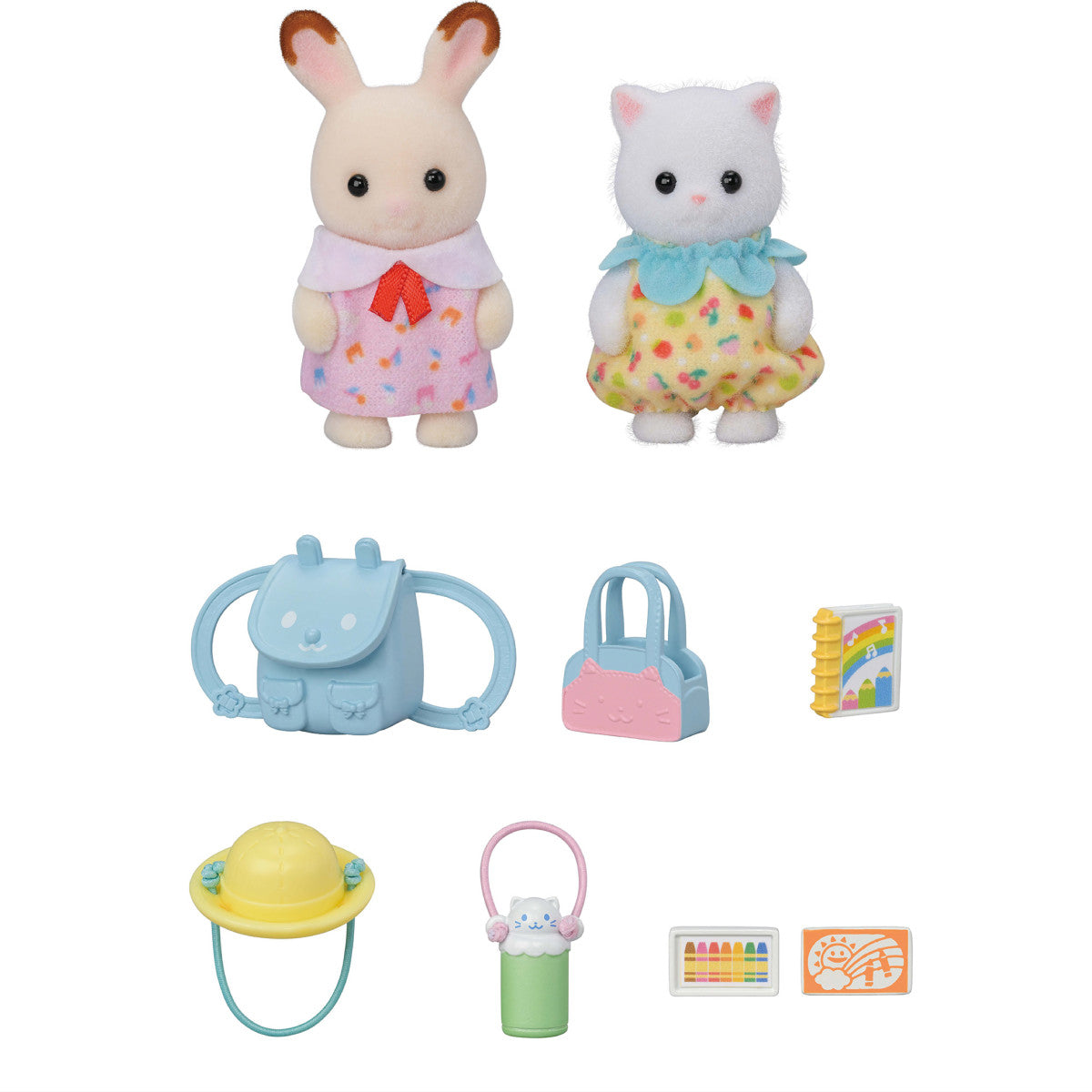 Nursery Friends | Walk Along Duo with two babies, colorful clothes, hat, rucksack, water bottle, and nursery accessories.