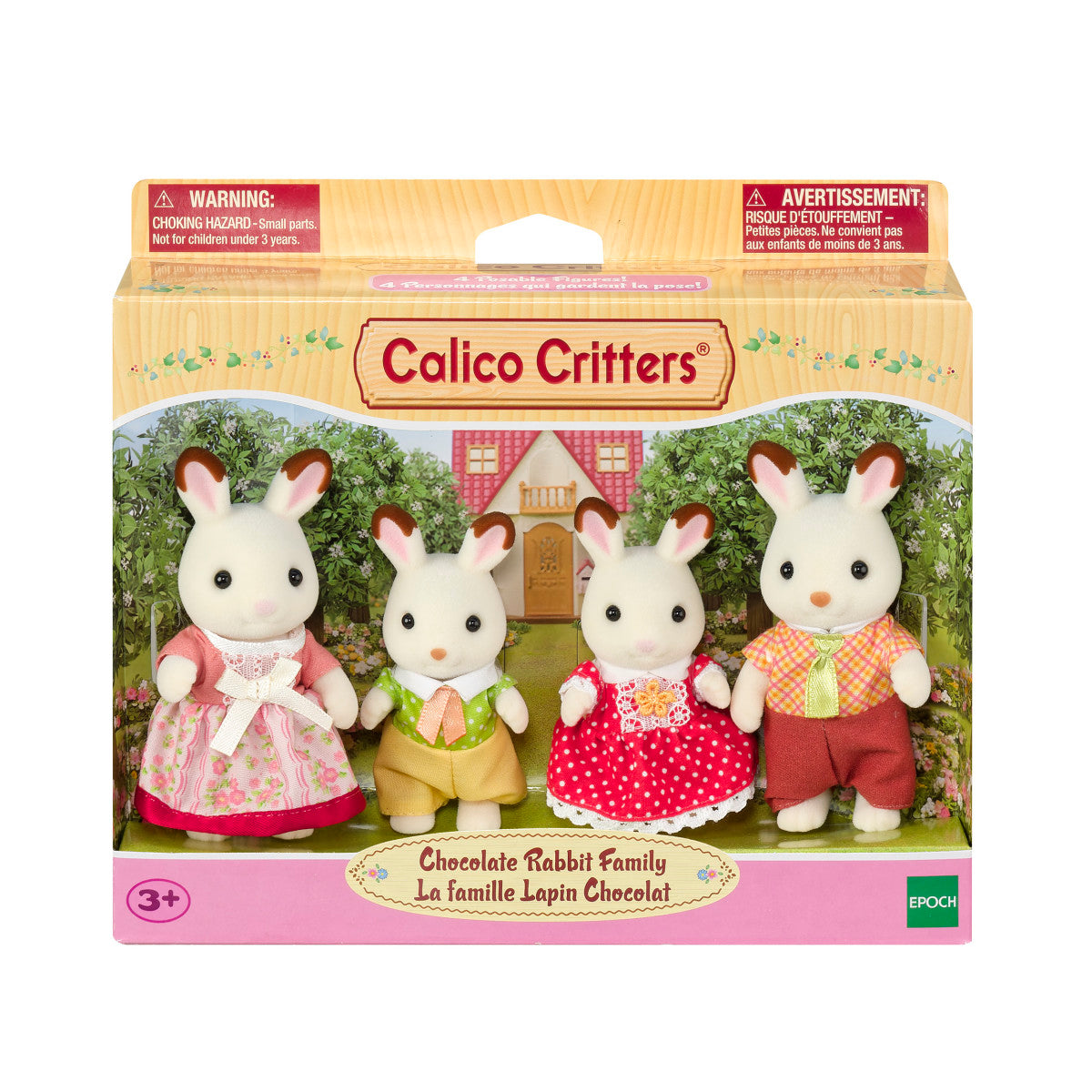 Chocolate Rabbit Family toy set with four rabbit figures in colorful clothing and a cottage playhouse backdrop
