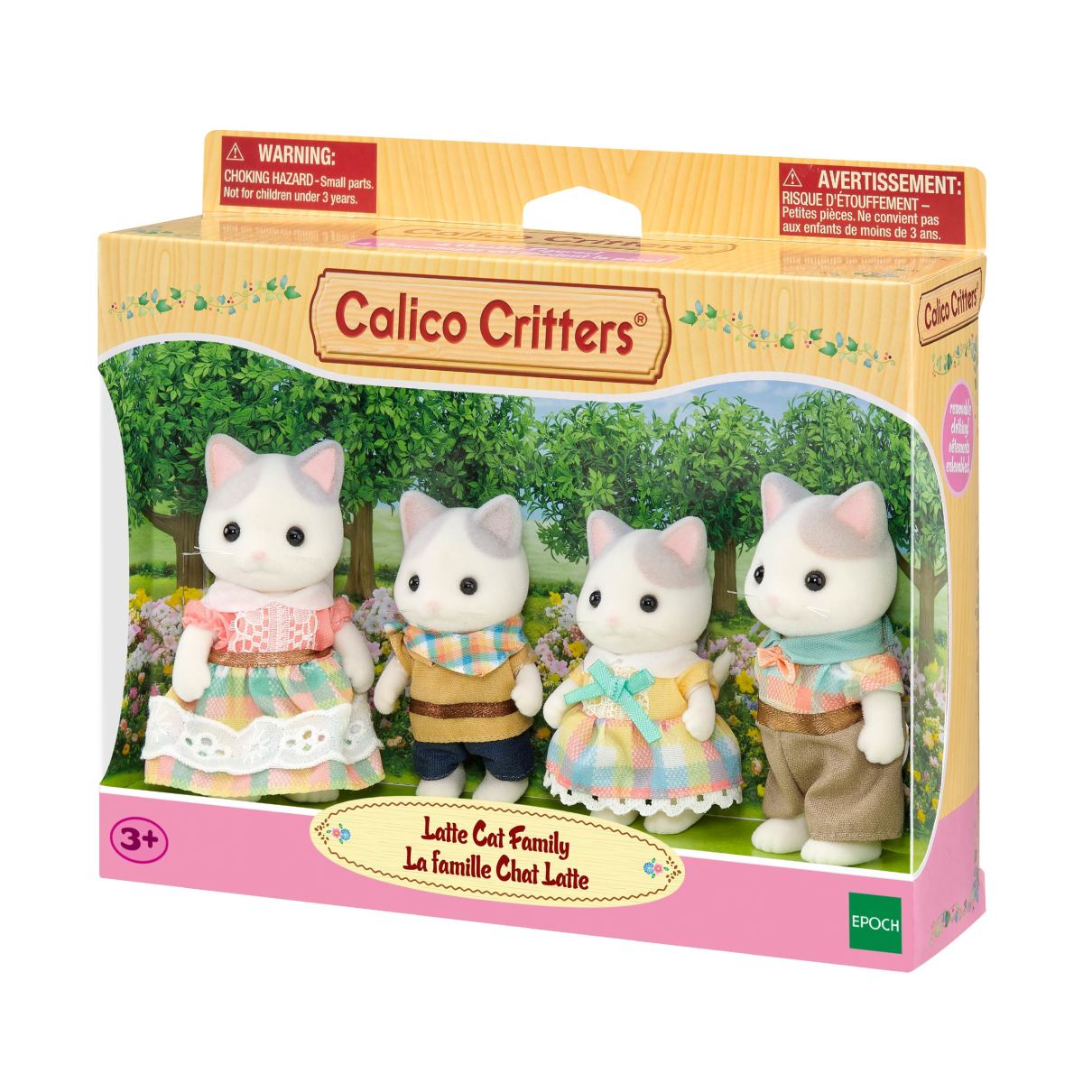 Latte Cat Family boxed set with four white cat figures in colorful outfits