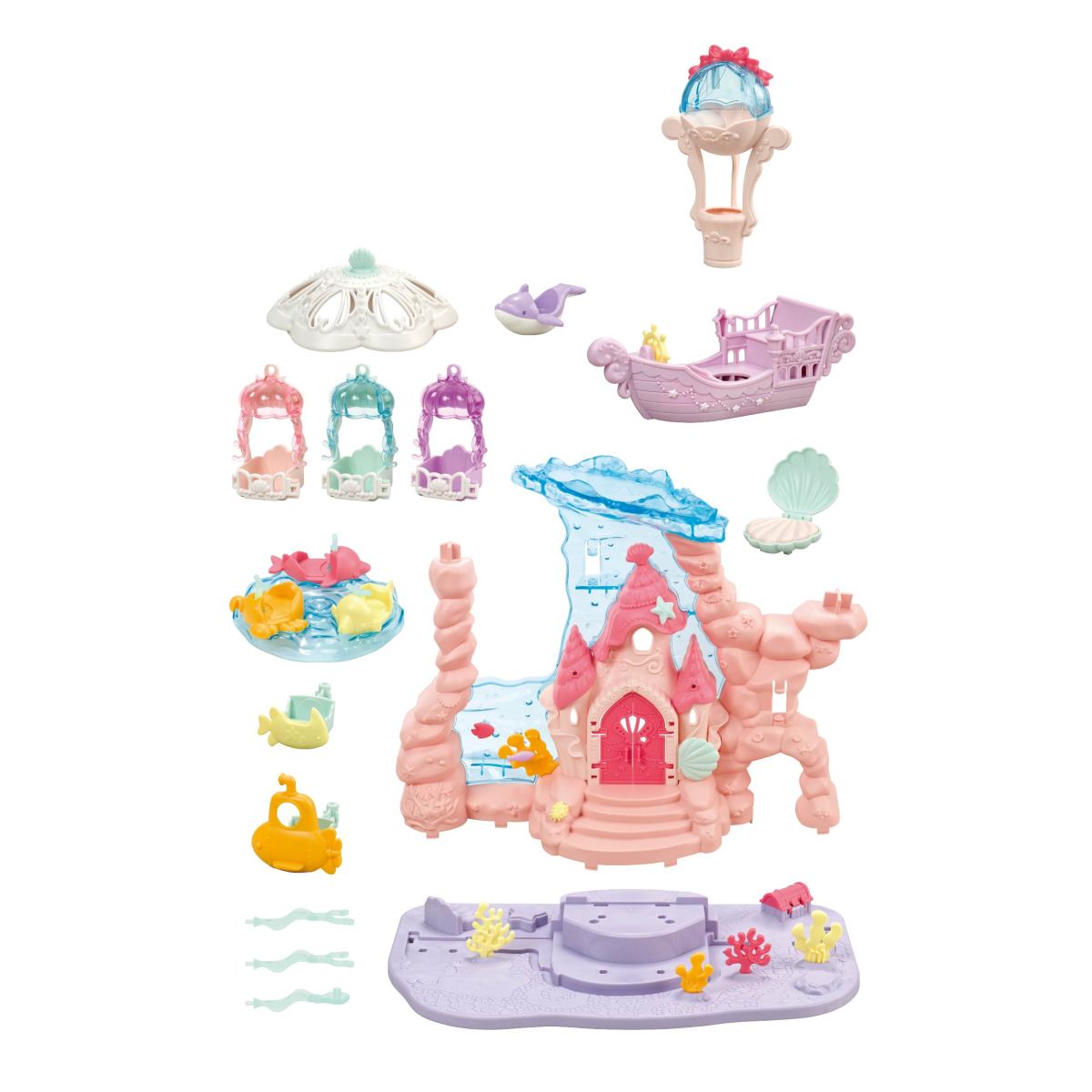 Baby Mermaid Castle playset with pink castle figures boat accessories and colorful sea themed pieces