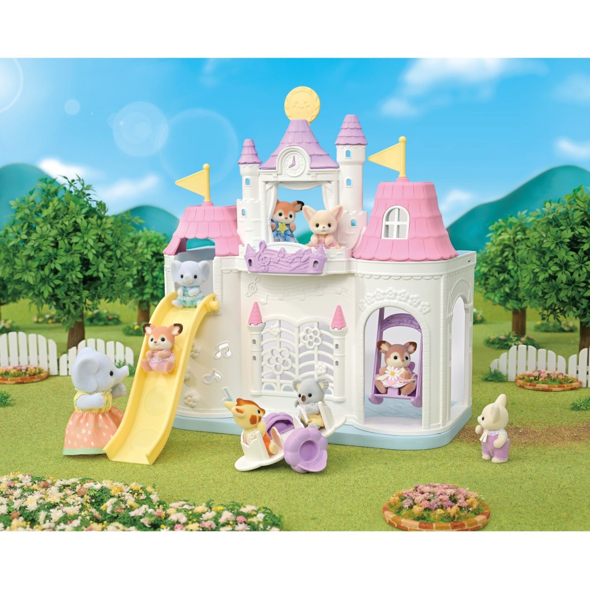 Playtime Castle Nursery with pink and white castle playset and animal figures in a garden scene