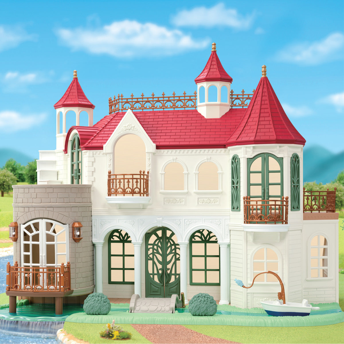 Red Roof Riverside Manor toy manor with ornate balconies red turrets and green doors