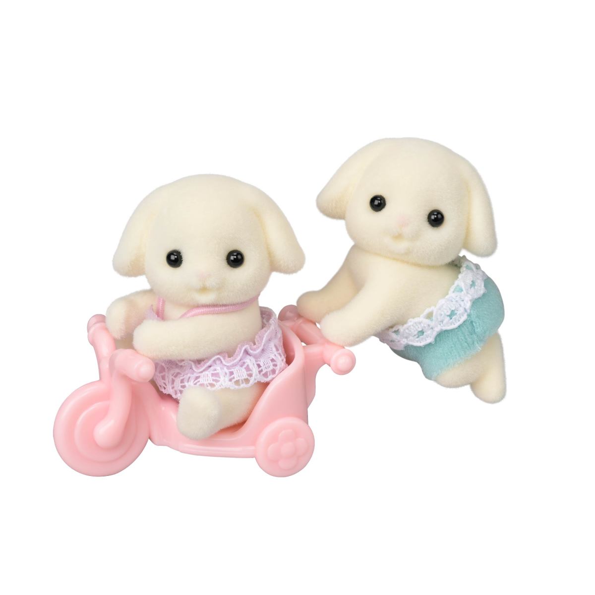 Flora Rabbit Twins plush figures with one rabbit riding a pink tricycle and one standing beside it