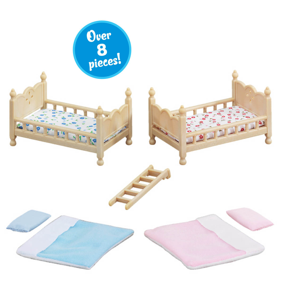 Stack & Play Beds with two wooden beds, mattresses, pillows, blankets, and a ladder for Calico Critters play sets.