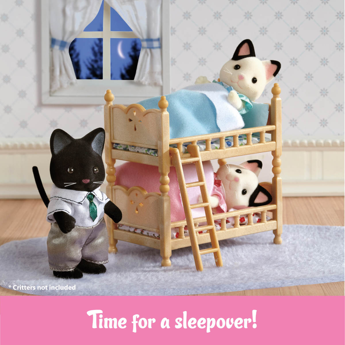 Stack & Play Beds with bunk bed setup, ladder, pillows, blankets, and mattresses for Calico Critters playsets.