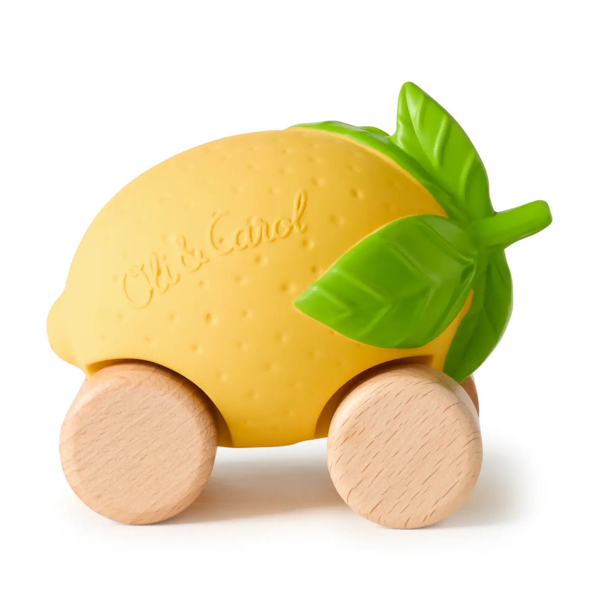Yellow lemon-shaped baby car toy with wooden wheels and green leaf details for sensory play